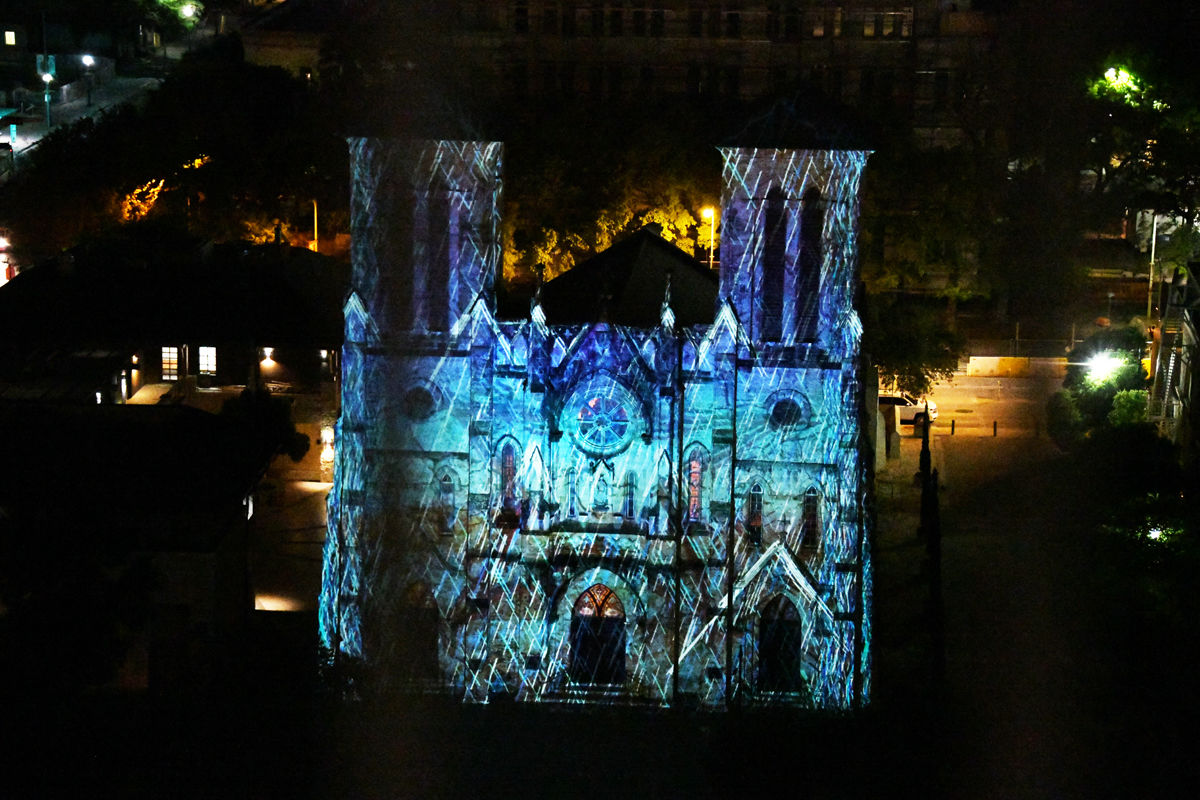 128 The laser ight show projected on the San Fernando Cathedral as viewed from the Drury Plaza Hotel.JPG